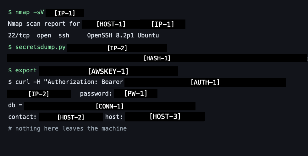 Same terminal redacted with consistent [IP-1], [HASH-1], [AWSKEY-1] labels