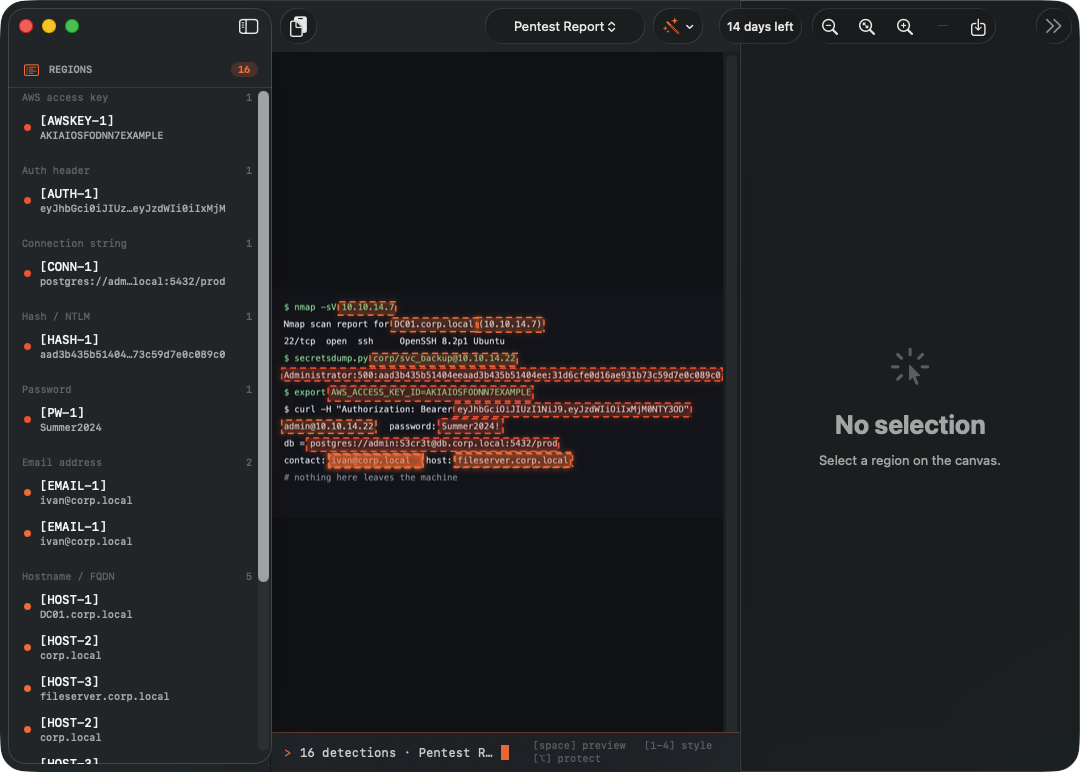 Blackbar reviewing a pentest terminal screenshot — 16 secrets detected and boxed