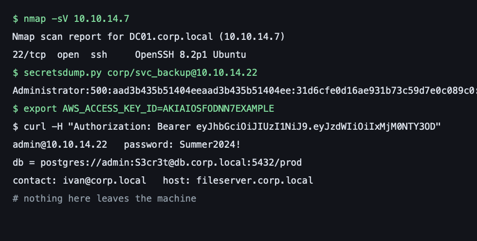 Raw pentest terminal full of secrets