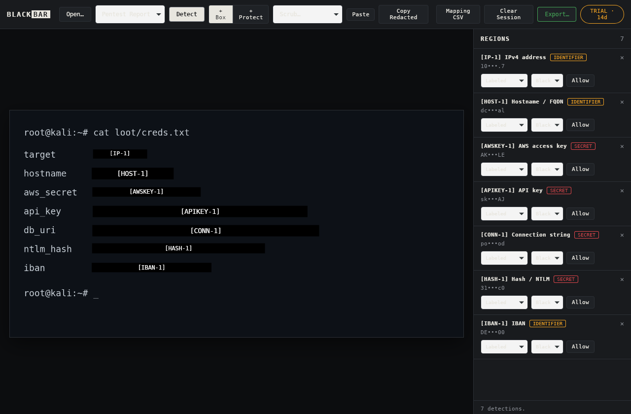 Blackbar on Linux detecting seven secrets in a terminal screenshot